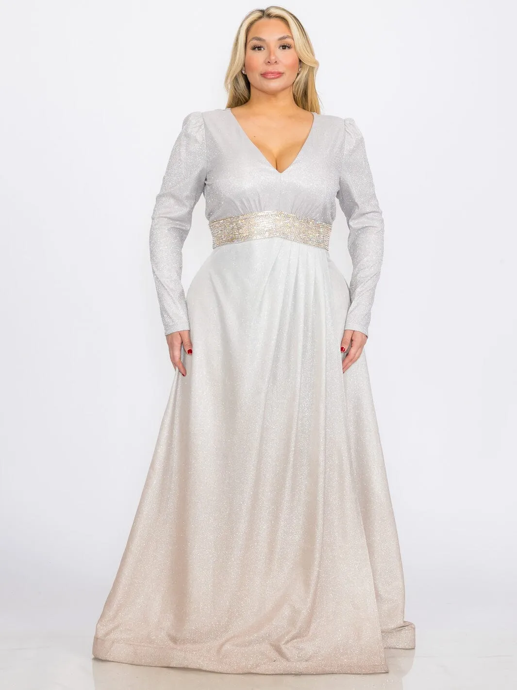 PLUS SIZE LONG SLEEVES V-NECK WAIST DETAILED COLORBLOCK SEQUINS MAXI DRESS
