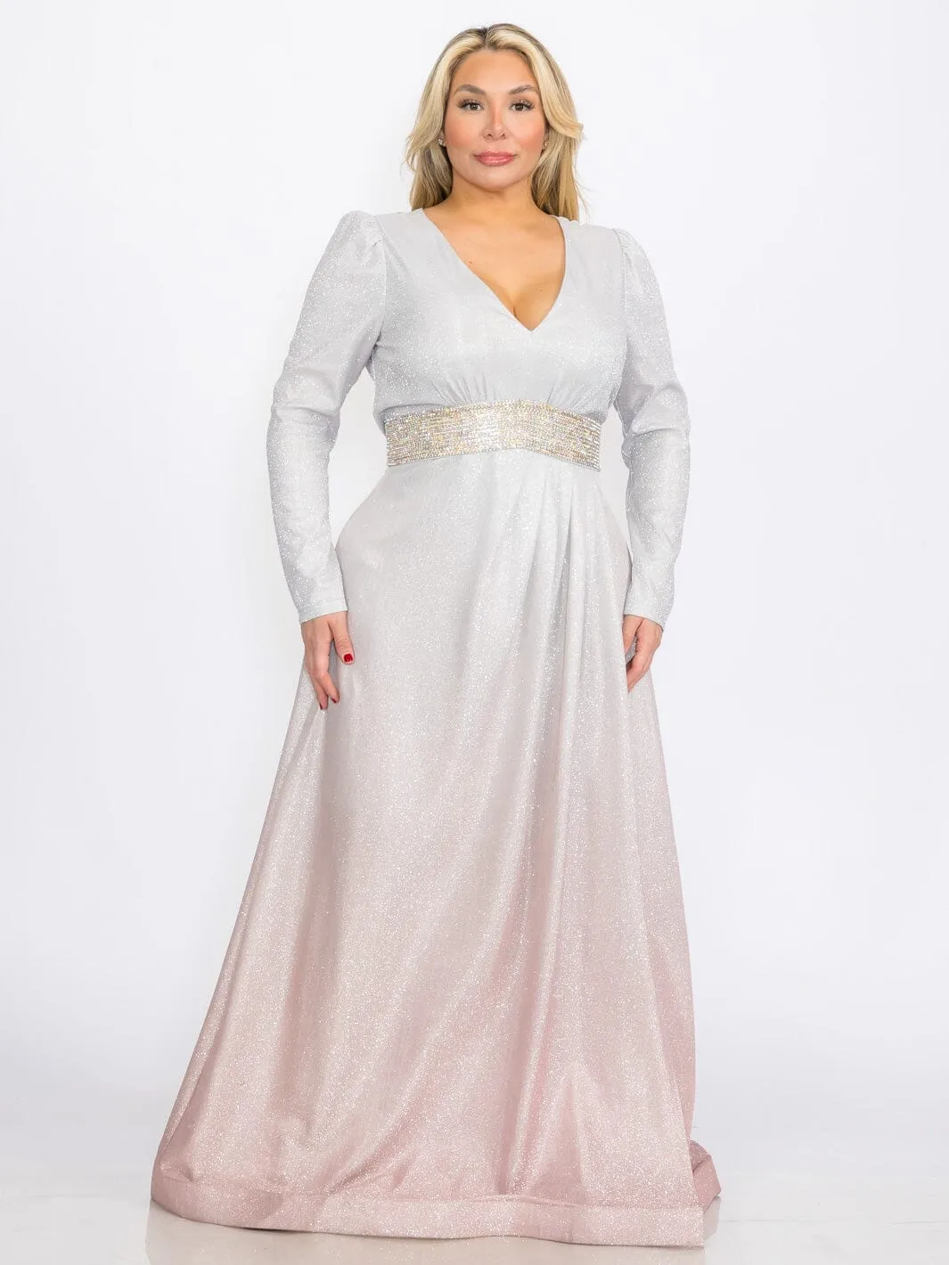 PLUS SIZE LONG SLEEVES V-NECK WAIST DETAILED COLORBLOCK SEQUINS MAXI DRESS