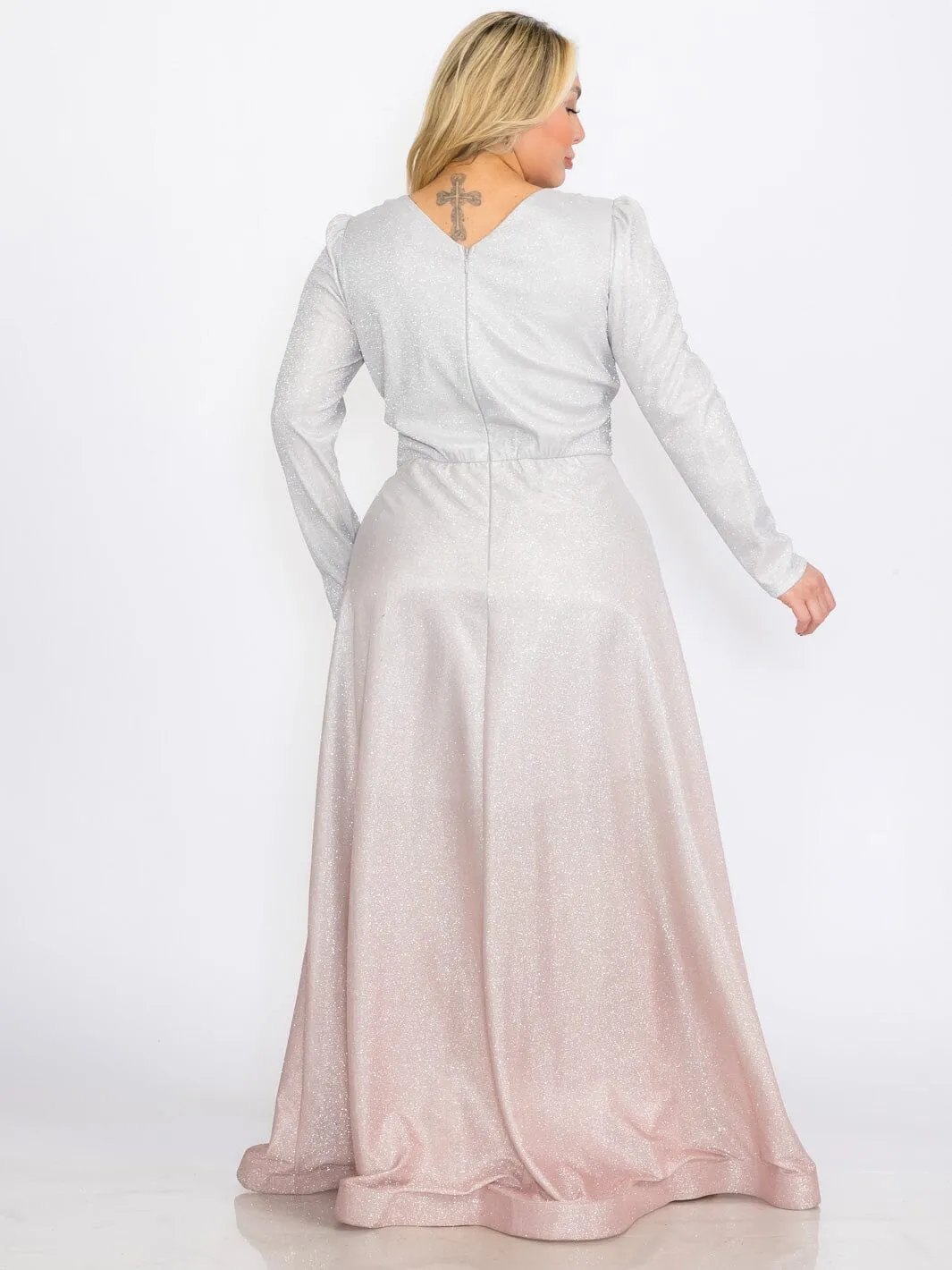 PLUS SIZE LONG SLEEVES V-NECK WAIST DETAILED COLORBLOCK SEQUINS MAXI DRESS