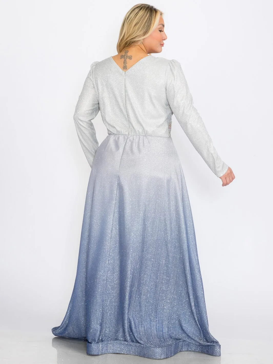 PLUS SIZE LONG SLEEVES V-NECK WAIST DETAILED COLORBLOCK SEQUINS MAXI DRESS