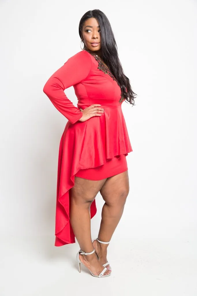 Plus Size Metallic Crochet Trim Tail Back Mini Dress