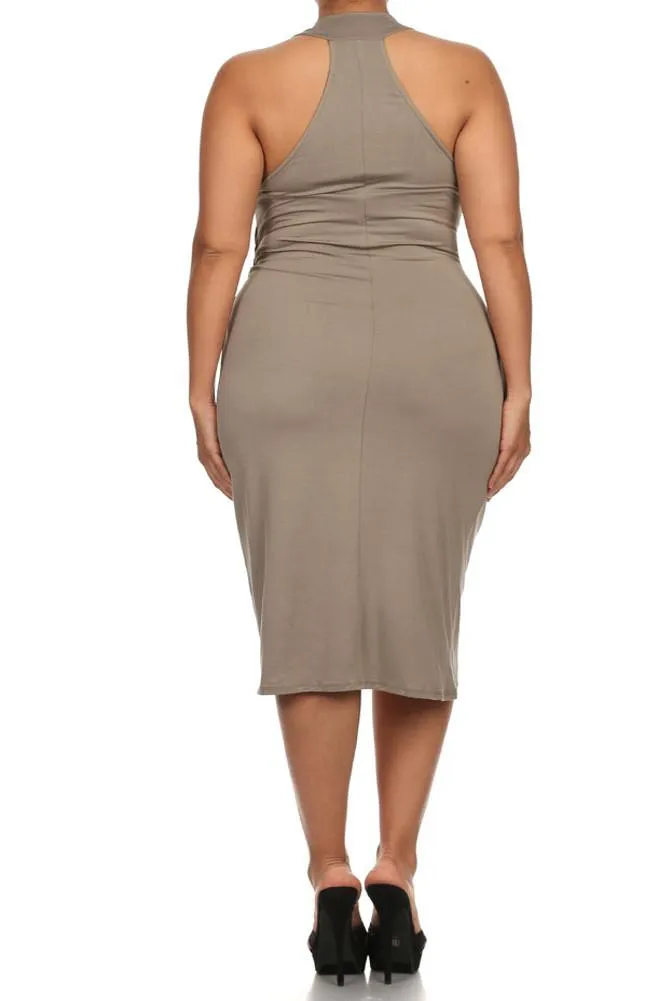 Plus Size Sexy Draped Surplice Taupe Midi Dress