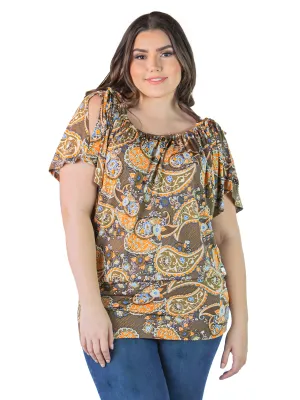 Plus Size Womens Brown Paisley Short Sleeve Split Shoulder Top