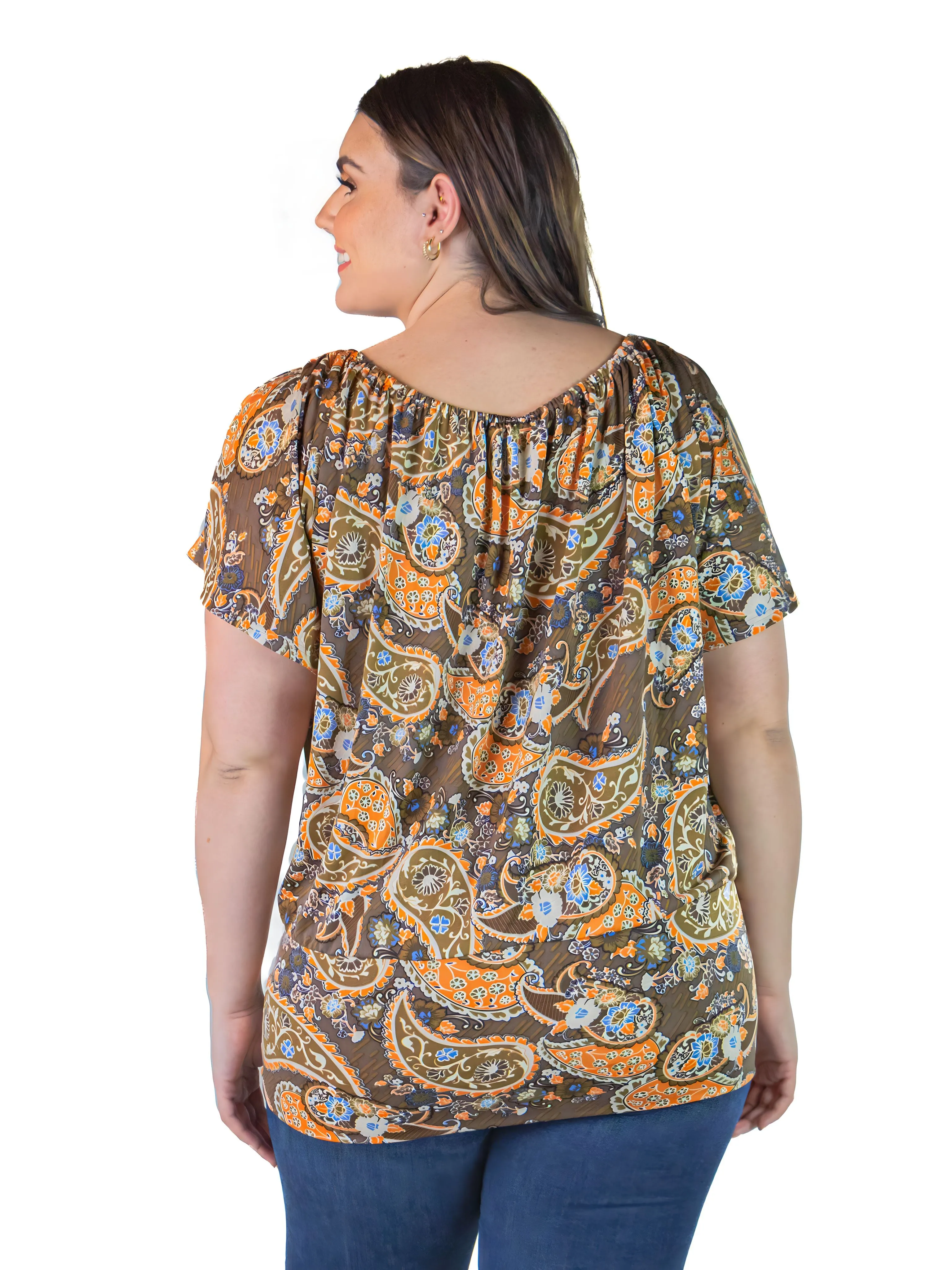 Plus Size Womens Brown Paisley Short Sleeve Split Shoulder Top
