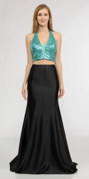 Poly USA 8294 Two-Piece Long Dress Sequins Top V-Neck