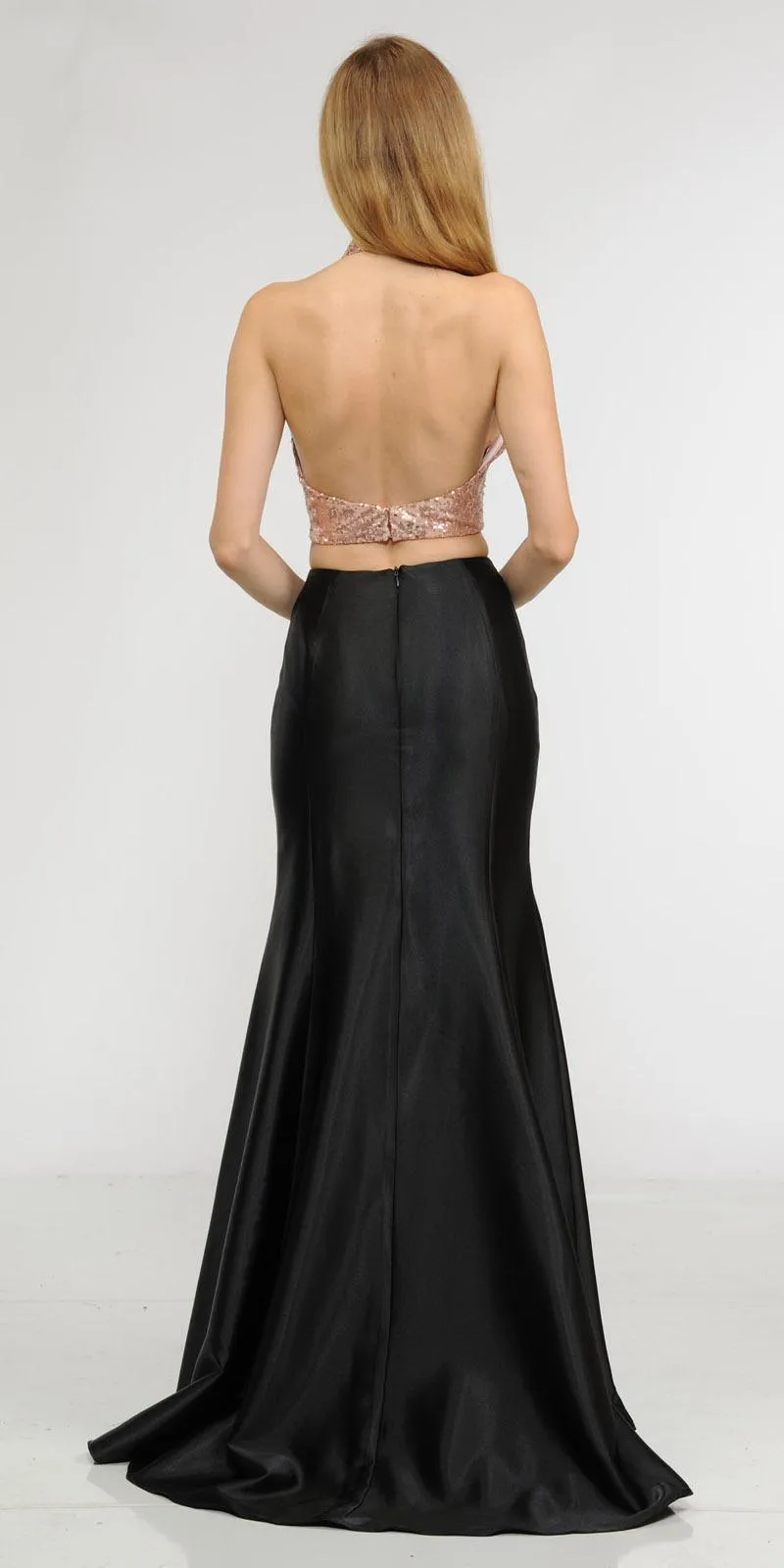 Poly USA 8294 Two-Piece Long Dress Sequins Top V-Neck