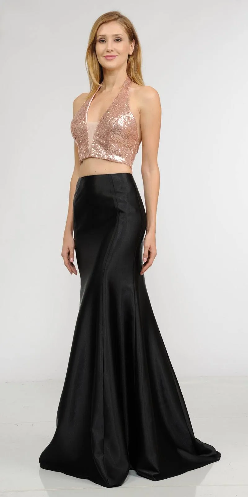 Poly USA 8294 Two-Piece Long Dress Sequins Top V-Neck