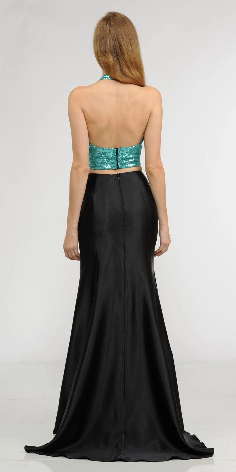 Poly USA 8294 Two-Piece Long Dress Sequins Top V-Neck