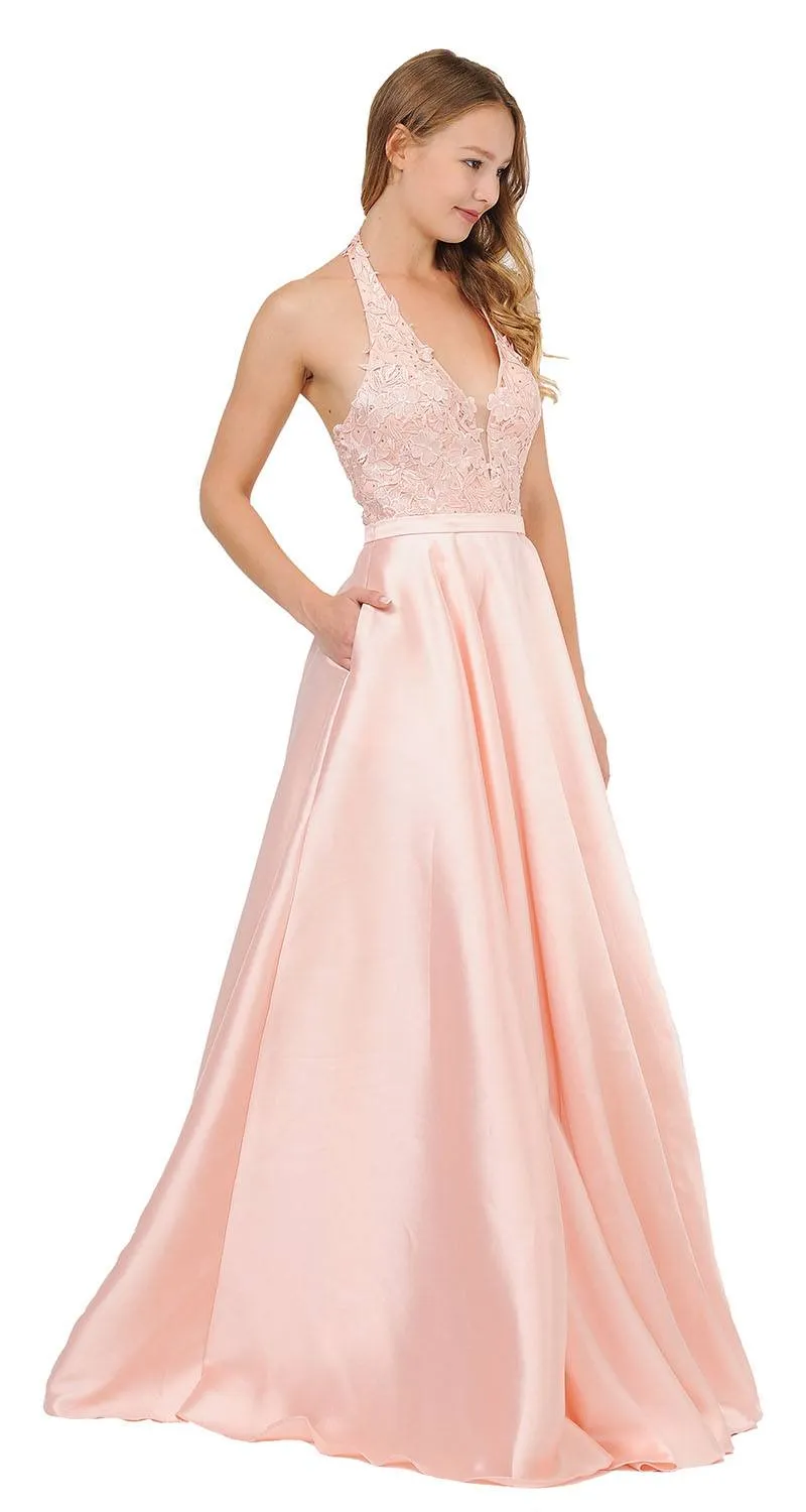 Poly USA 8316 Open Back Halter Long Dress Mikado/Lace