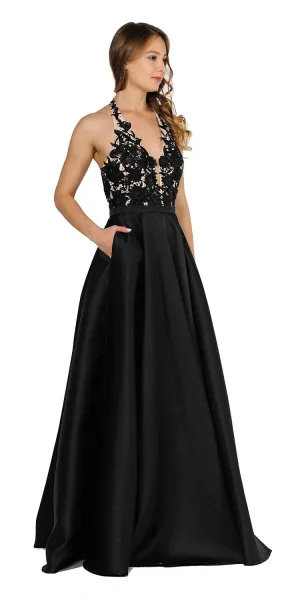 Poly USA 8316 Open Back Halter Long Dress Mikado/Lace