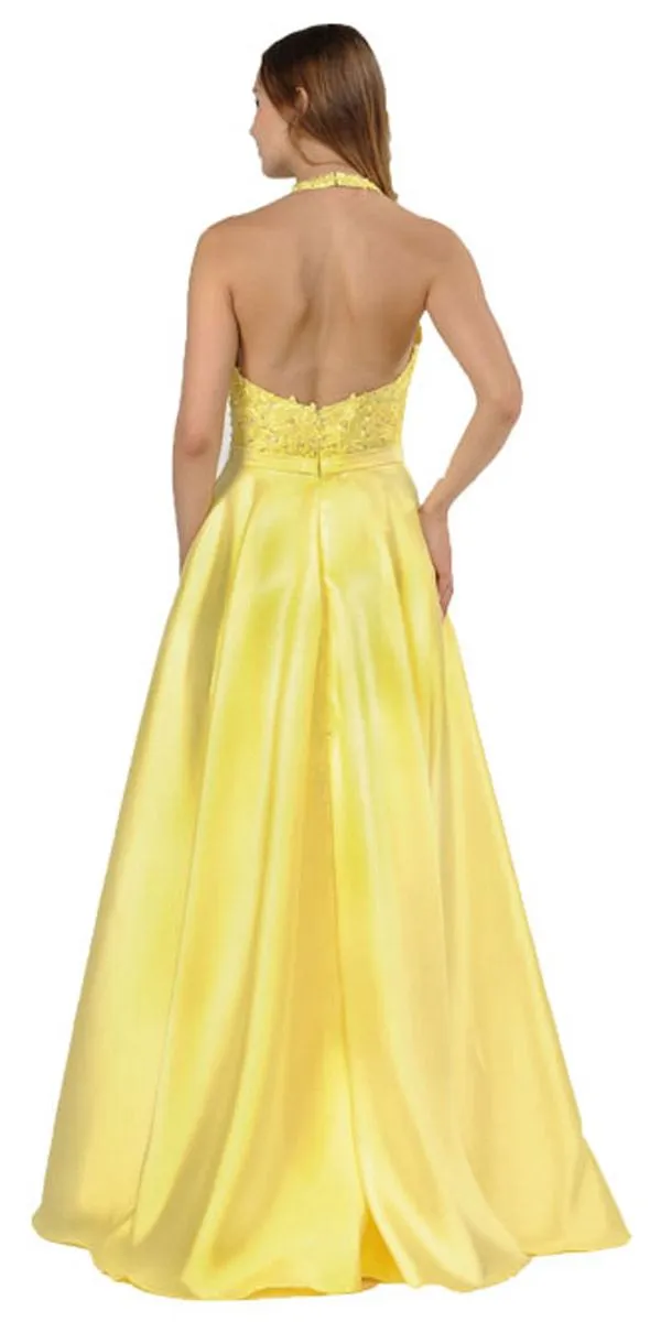 Poly USA 8316 Open Back Halter Long Dress Mikado/Lace