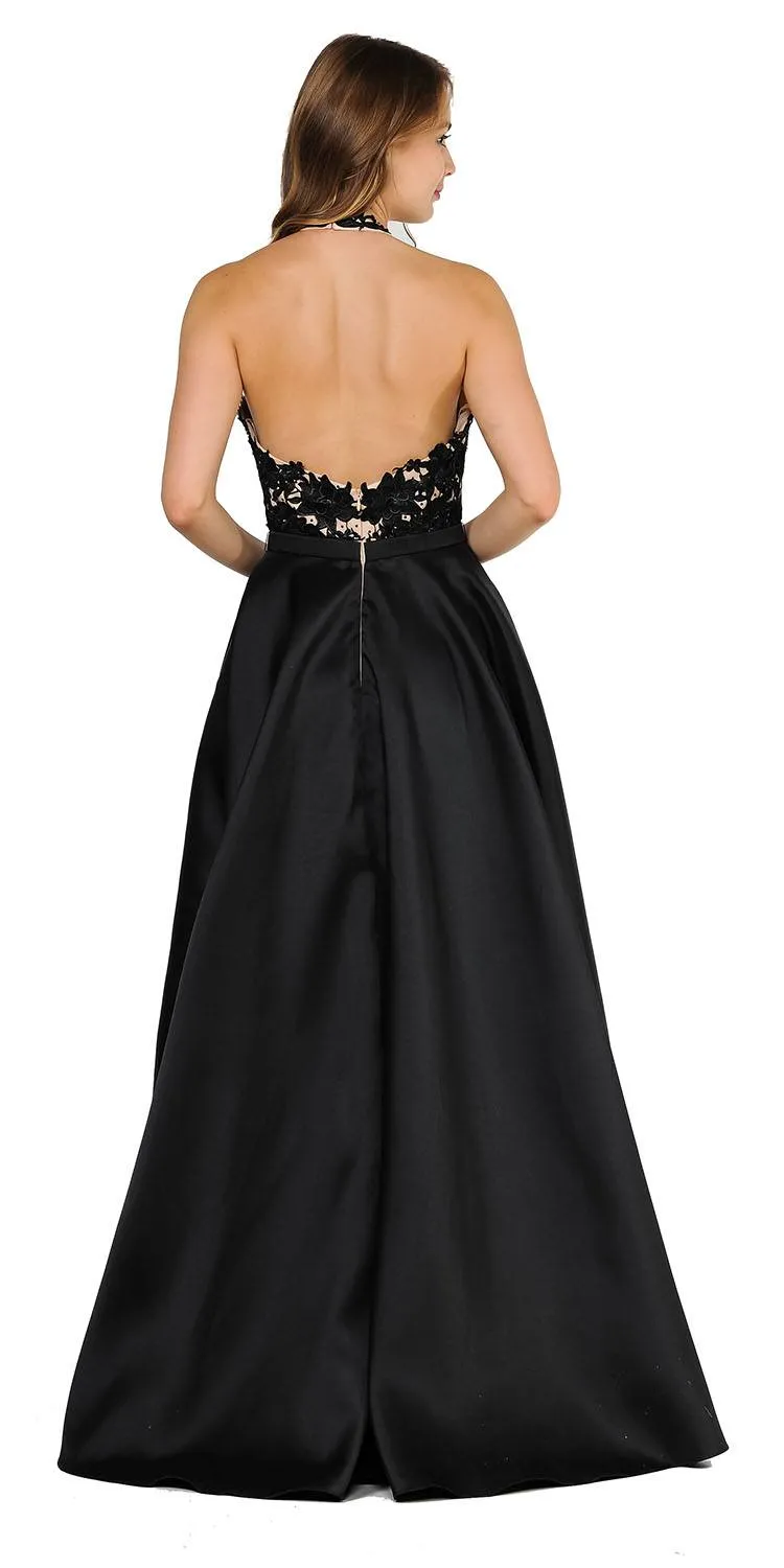 Poly USA 8316 Open Back Halter Long Dress Mikado/Lace