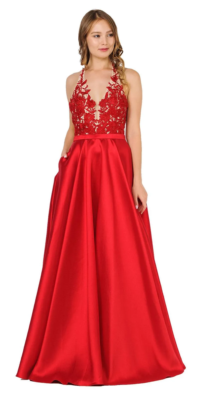 Poly USA 8316 Open Back Halter Long Dress Mikado/Lace