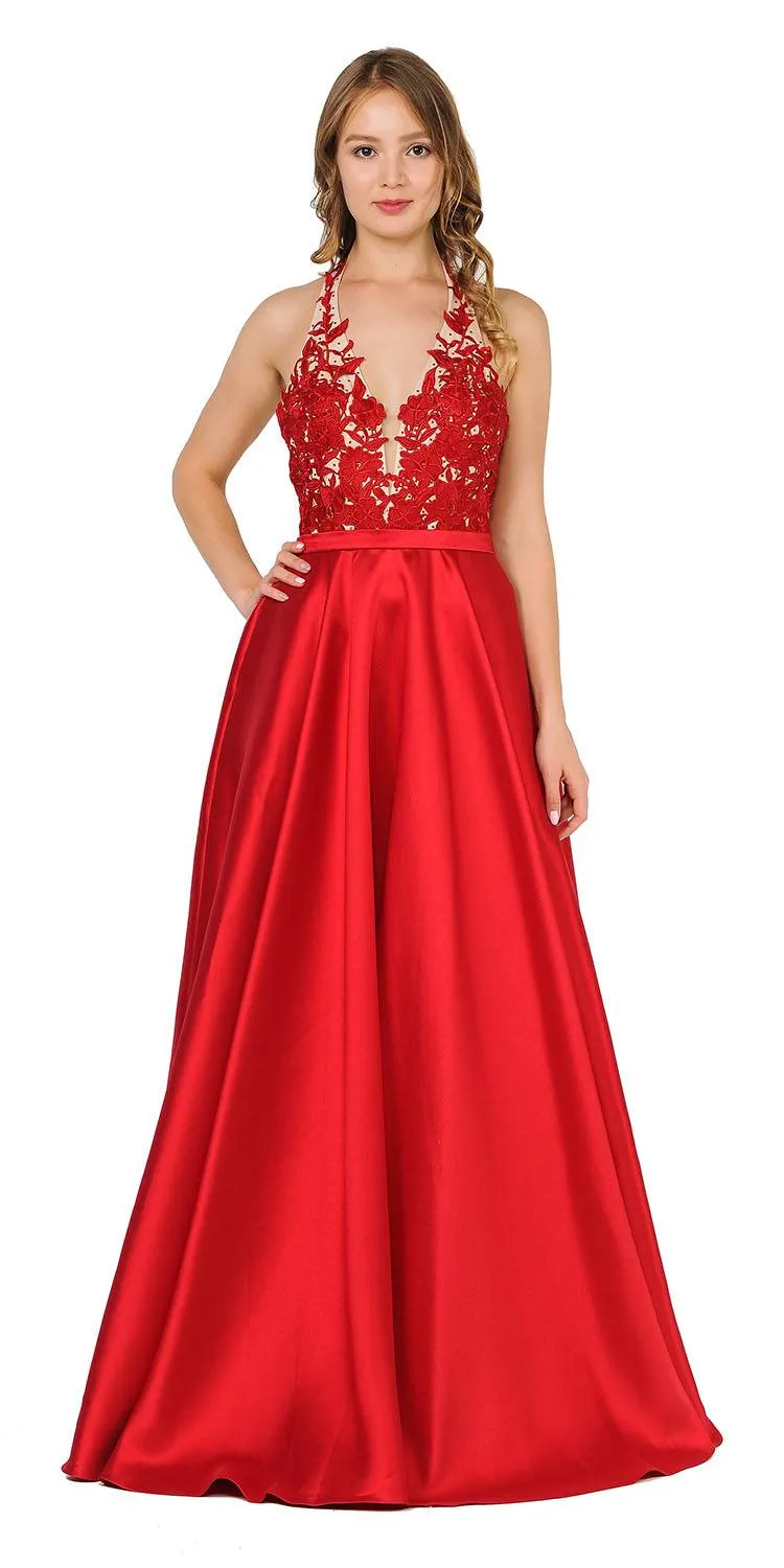 Poly USA 8316 Open Back Halter Long Dress Mikado/Lace