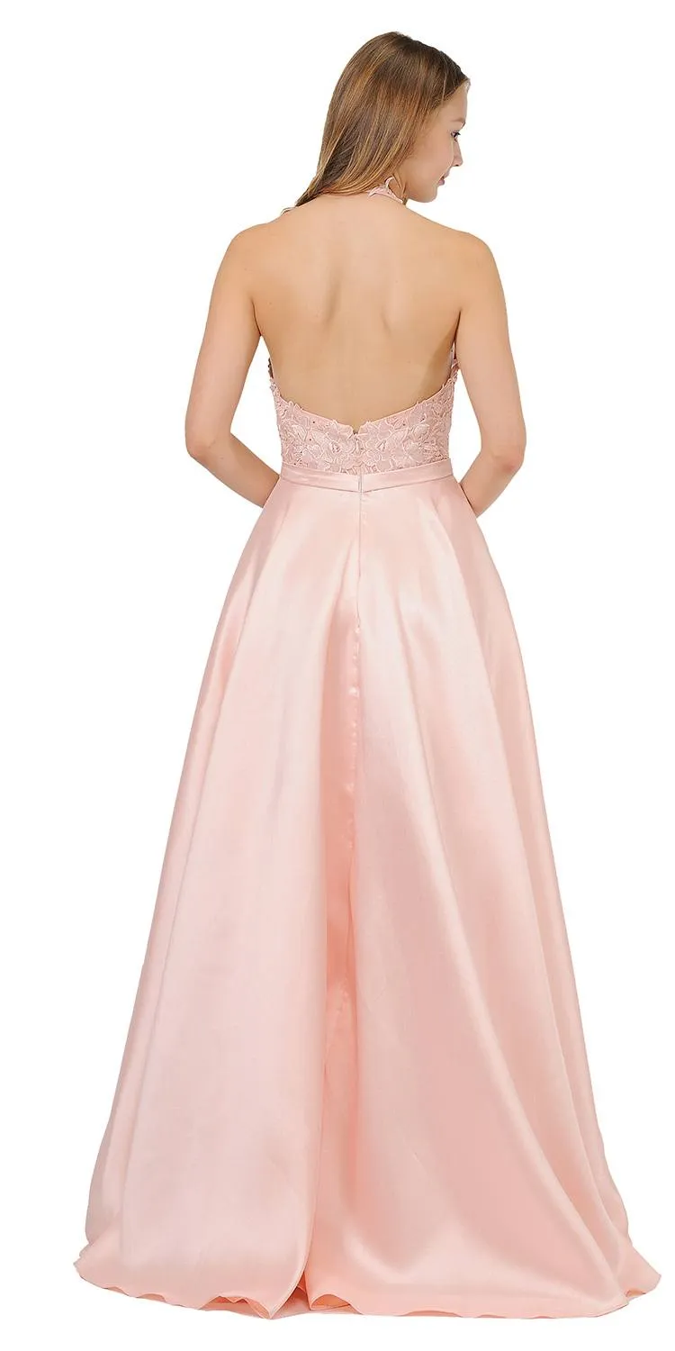 Poly USA 8316 Open Back Halter Long Dress Mikado/Lace