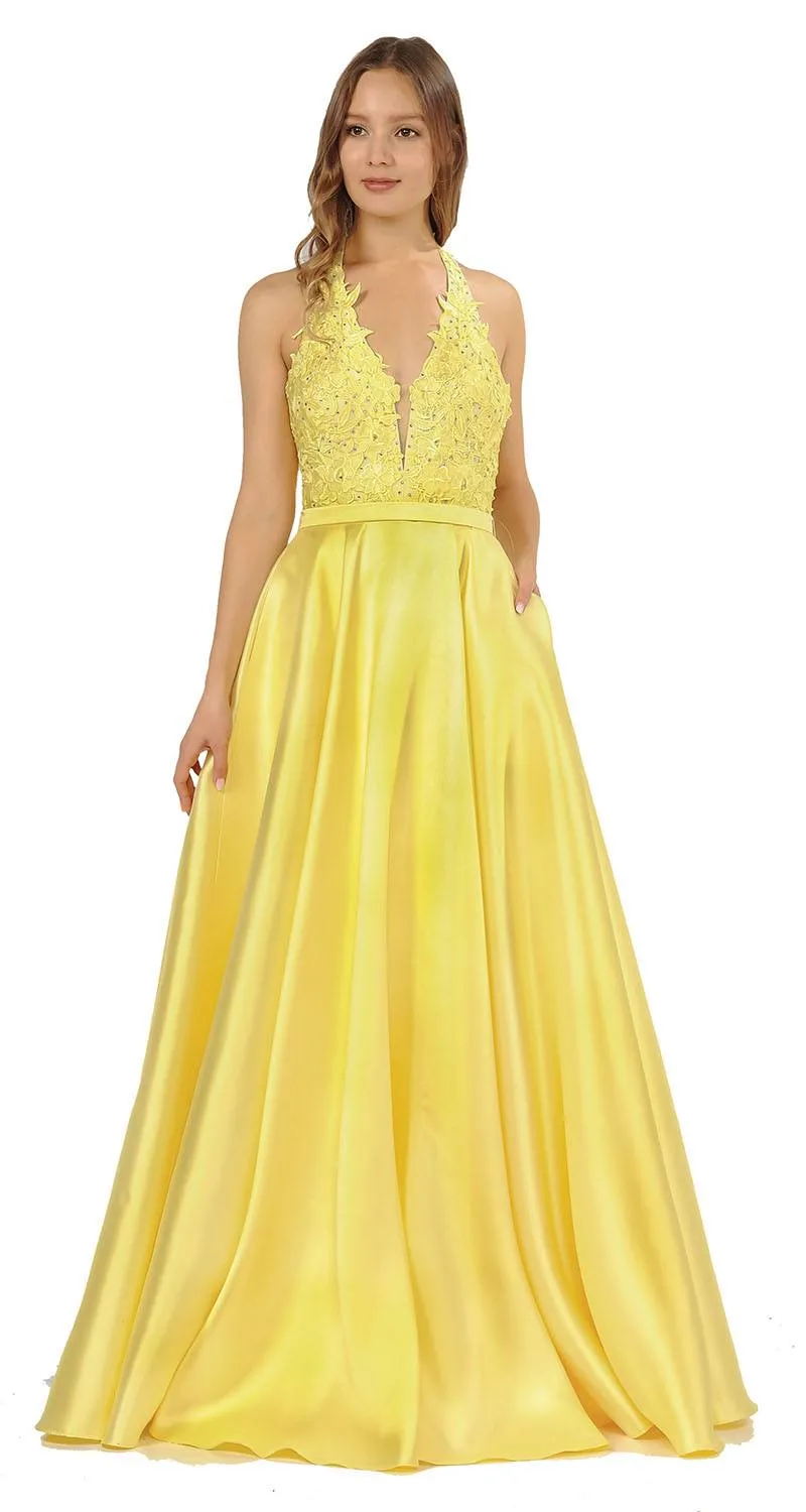 Poly USA 8316 Open Back Halter Long Dress Mikado/Lace