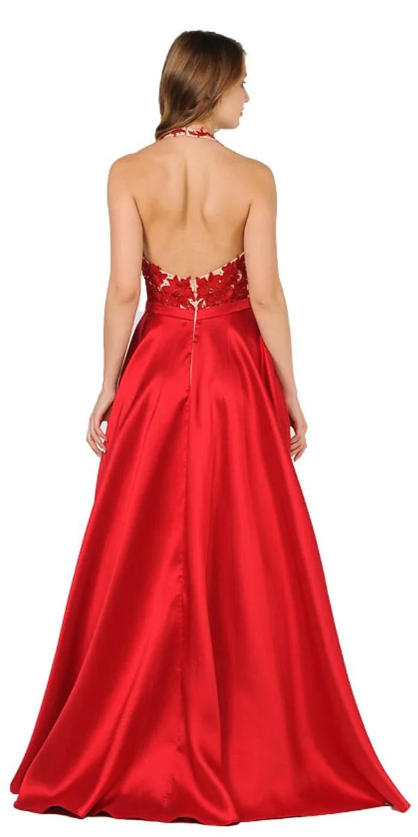 Poly USA 8316 Open Back Halter Long Dress Mikado/Lace