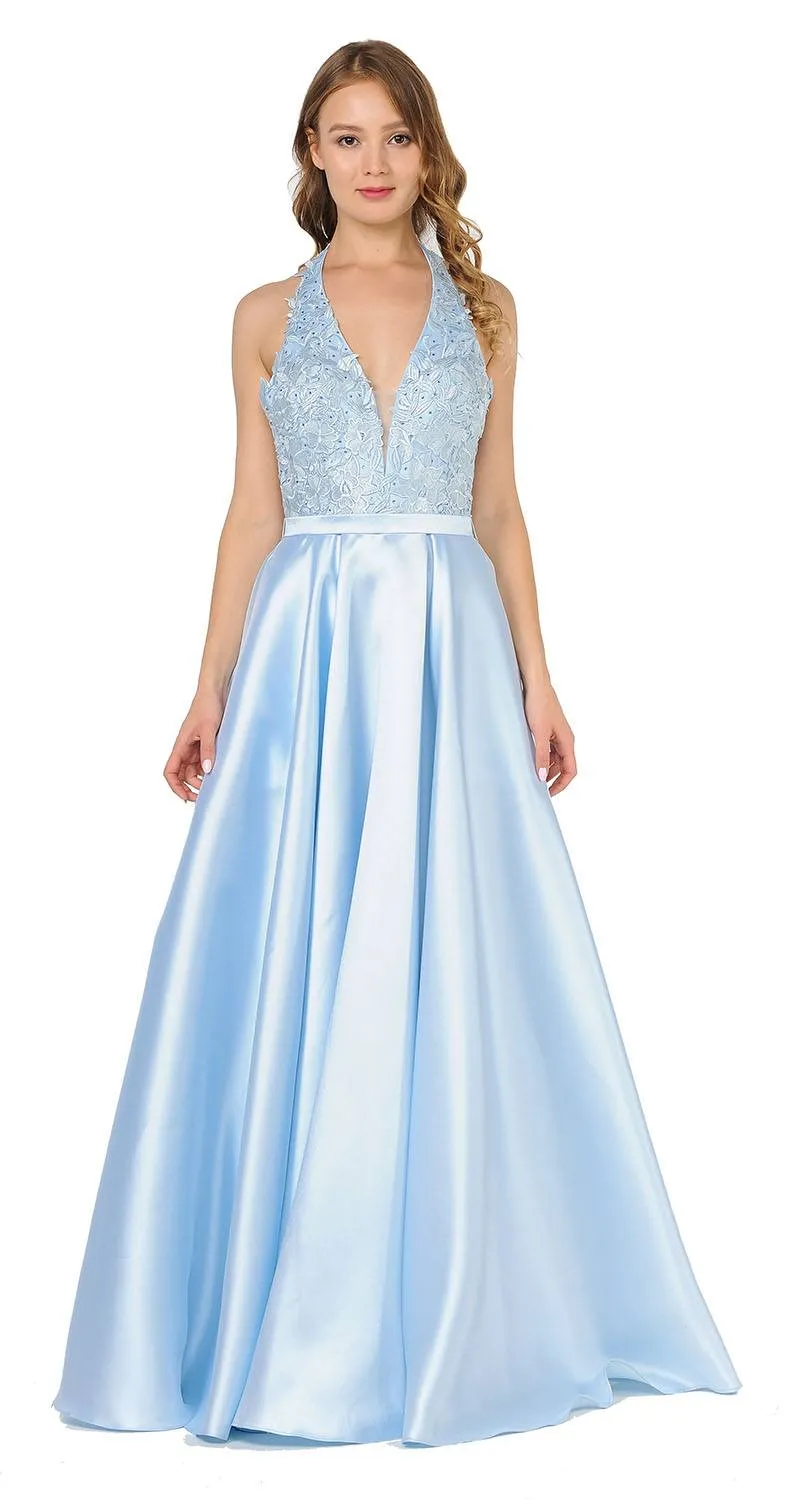 Poly USA 8316 Open Back Halter Long Dress Mikado/Lace