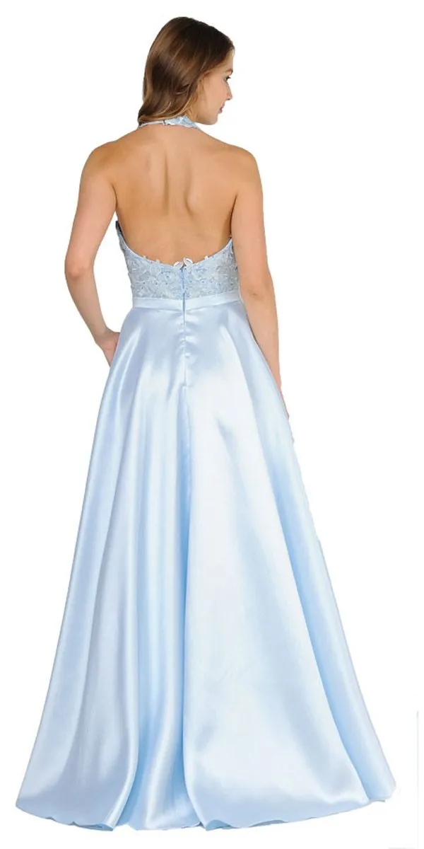 Poly USA 8316 Open Back Halter Long Dress Mikado/Lace