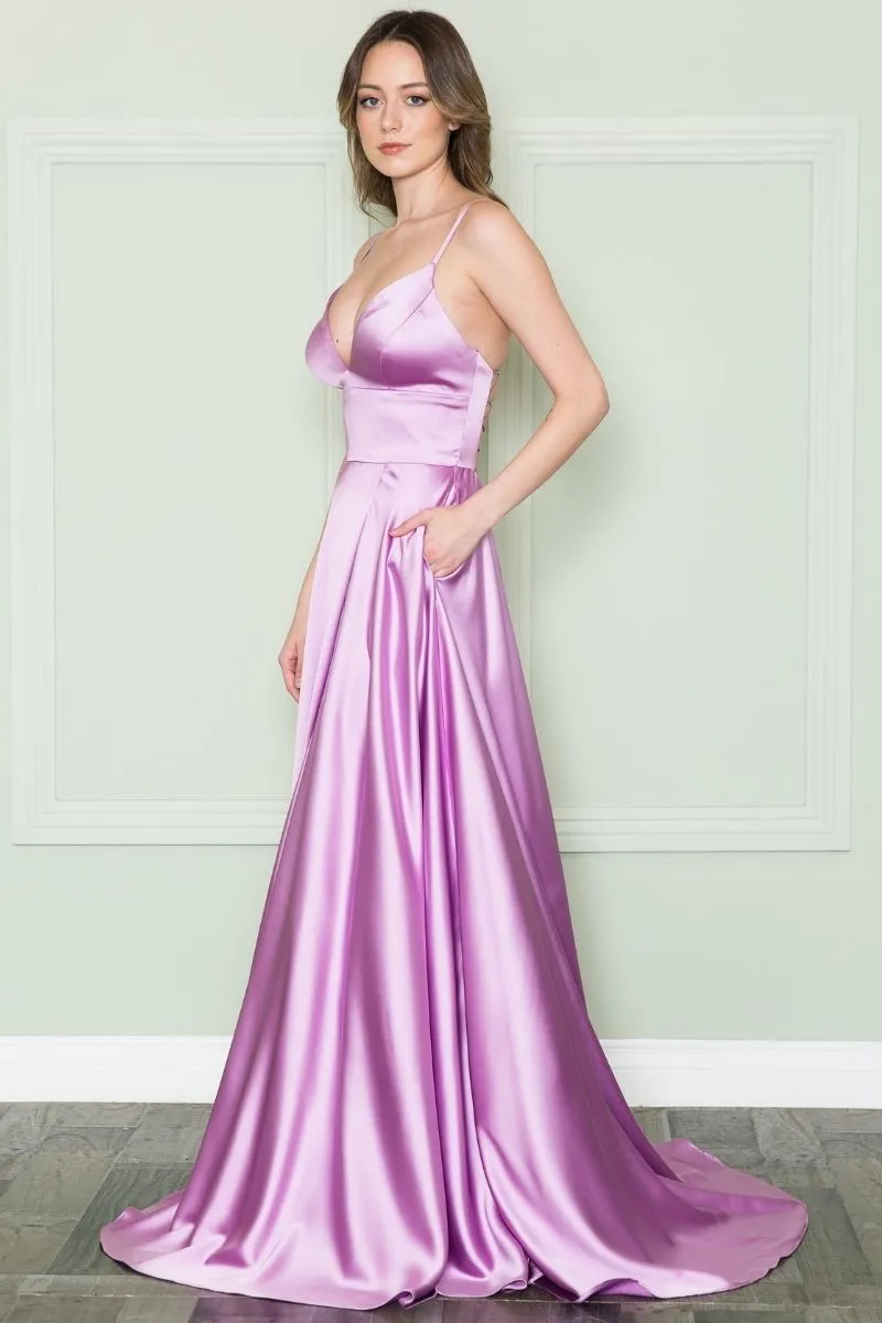 Poly USA 8908 V-Neck Spaghetti X-Cross Open Back Slit Dress