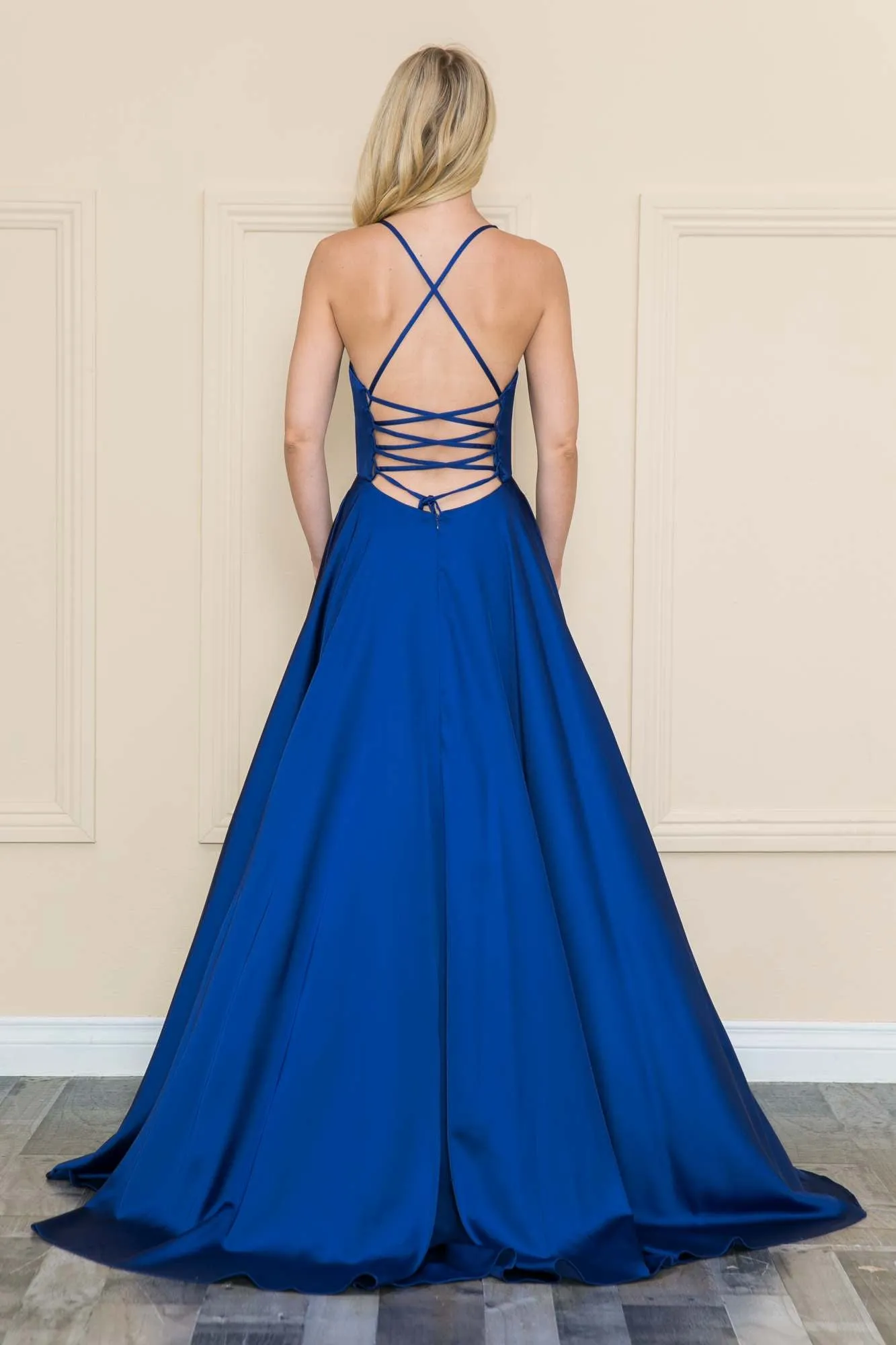 Poly USA 8908 V-Neck Spaghetti X-Cross Open Back Slit Dress