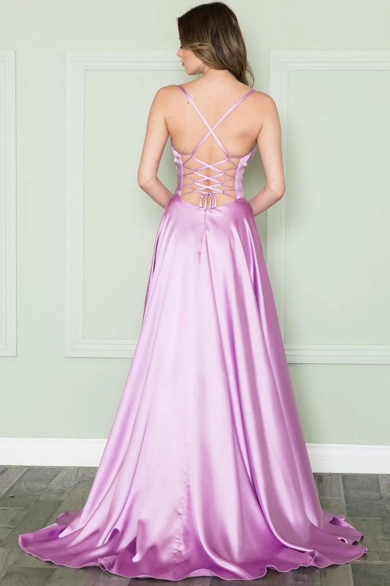 Poly USA 8908 V-Neck Spaghetti X-Cross Open Back Slit Dress