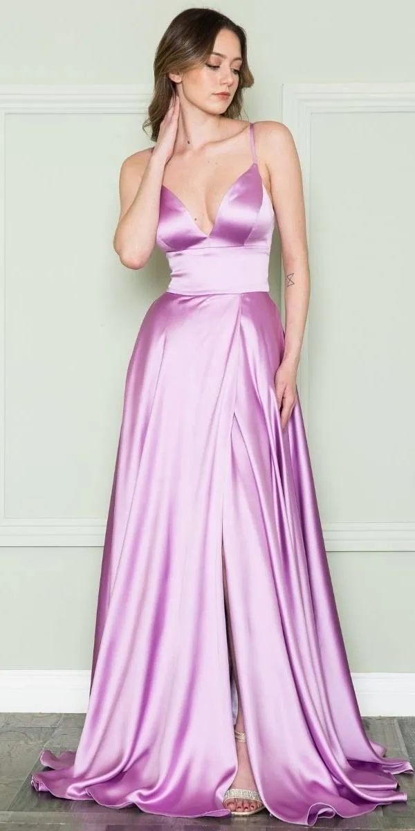 Poly USA 8908 V-Neck Spaghetti X-Cross Open Back Slit Dress
