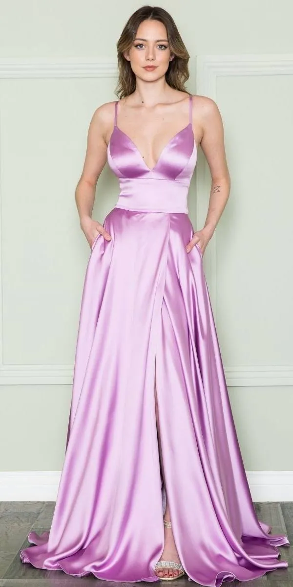 Poly USA 8908 V-Neck Spaghetti X-Cross Open Back Slit Dress