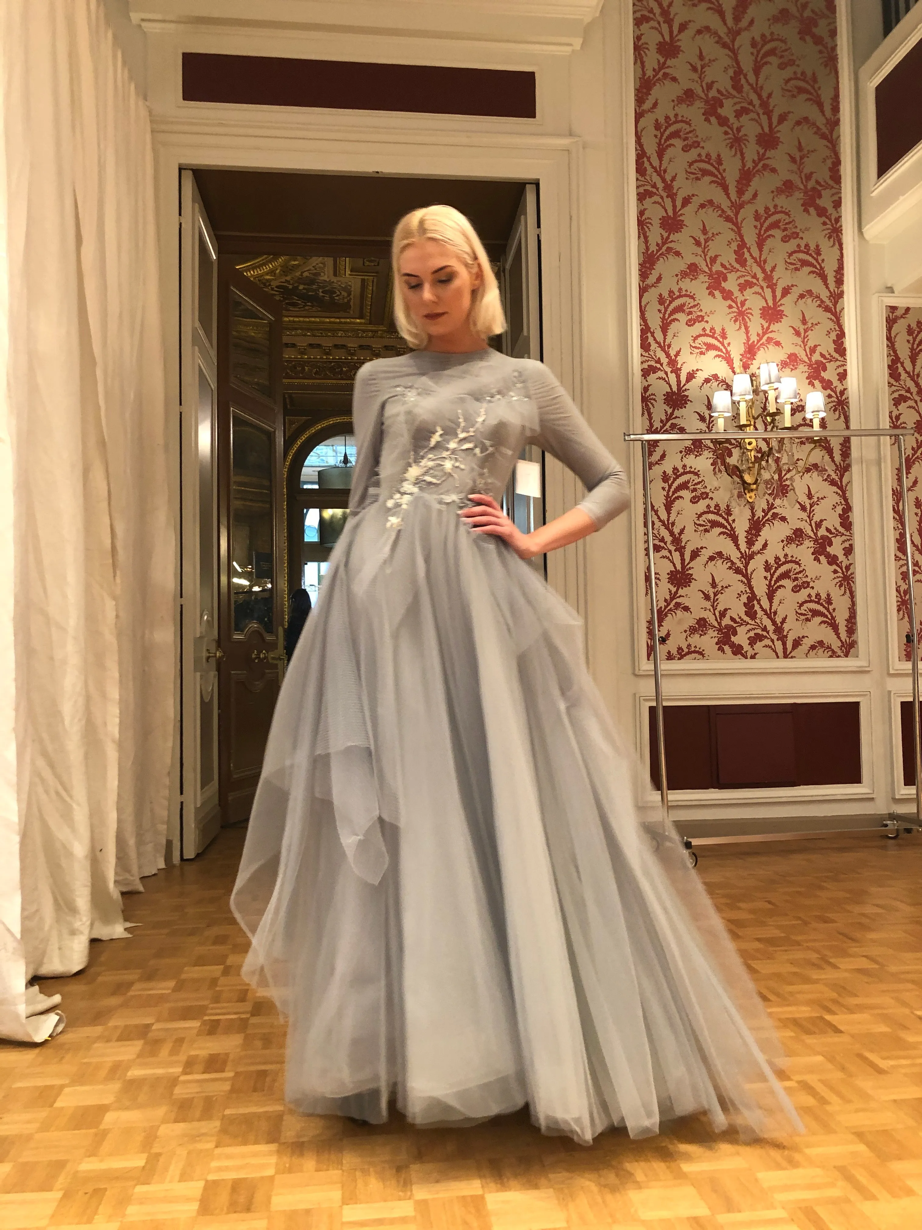 Powder • Cloud Blue Pleated Tulle Gown