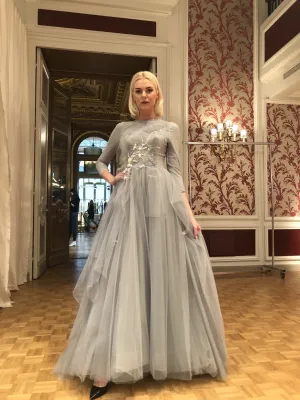 Powder • Cloud Blue Pleated Tulle Gown