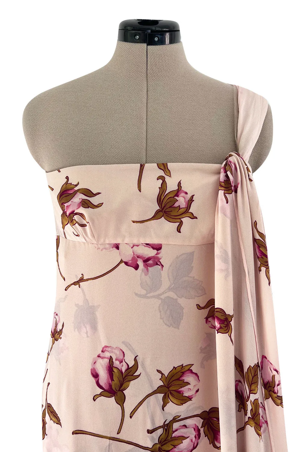 Prettiest Spring 2006 Valentino Runway Pink Floral Rose Print Pink Silk Chiffon w Draped Side Panel