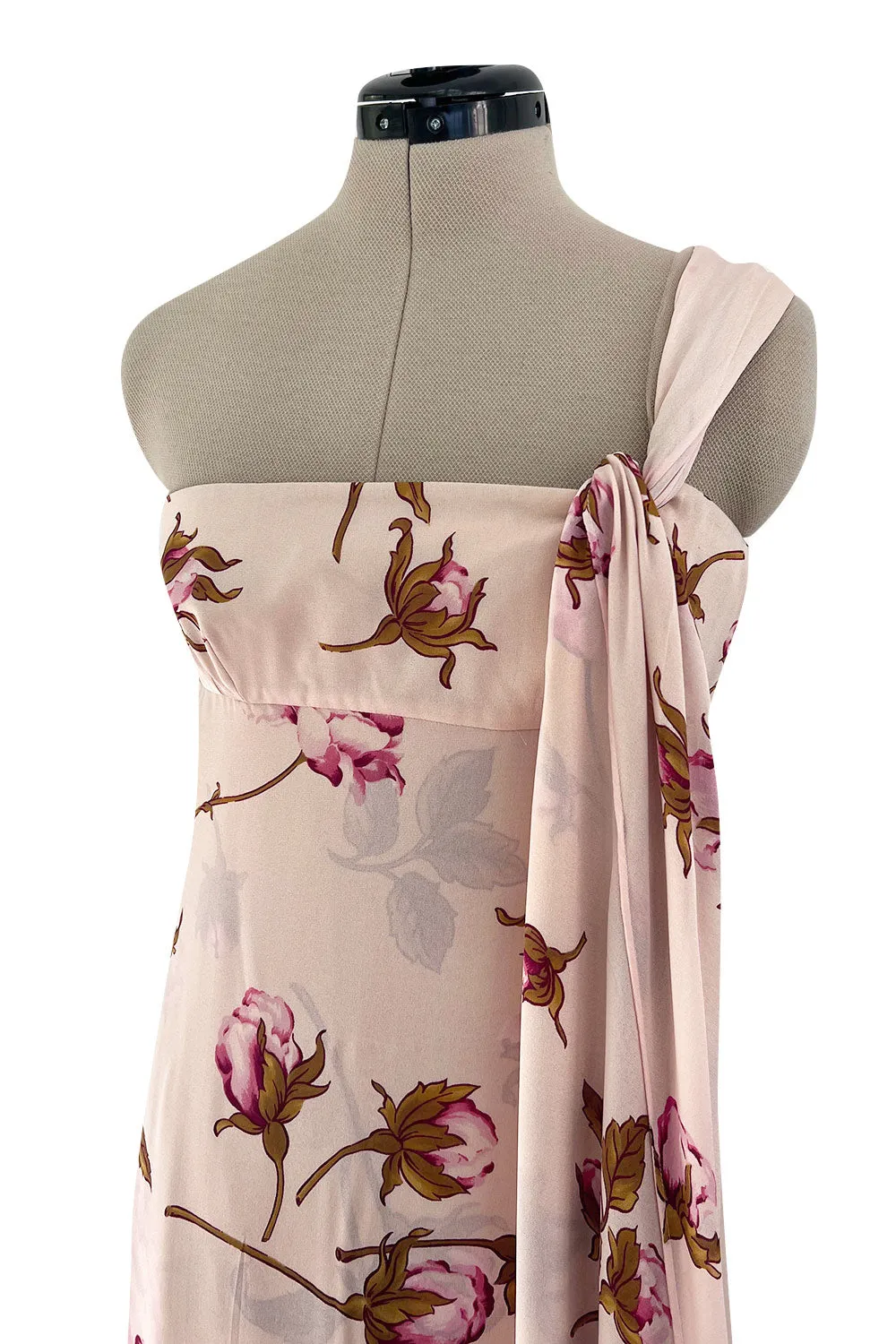 Prettiest Spring 2006 Valentino Runway Pink Floral Rose Print Pink Silk Chiffon w Draped Side Panel