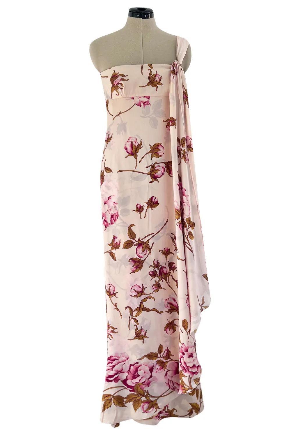 Prettiest Spring 2006 Valentino Runway Pink Floral Rose Print Pink Silk Chiffon w Draped Side Panel
