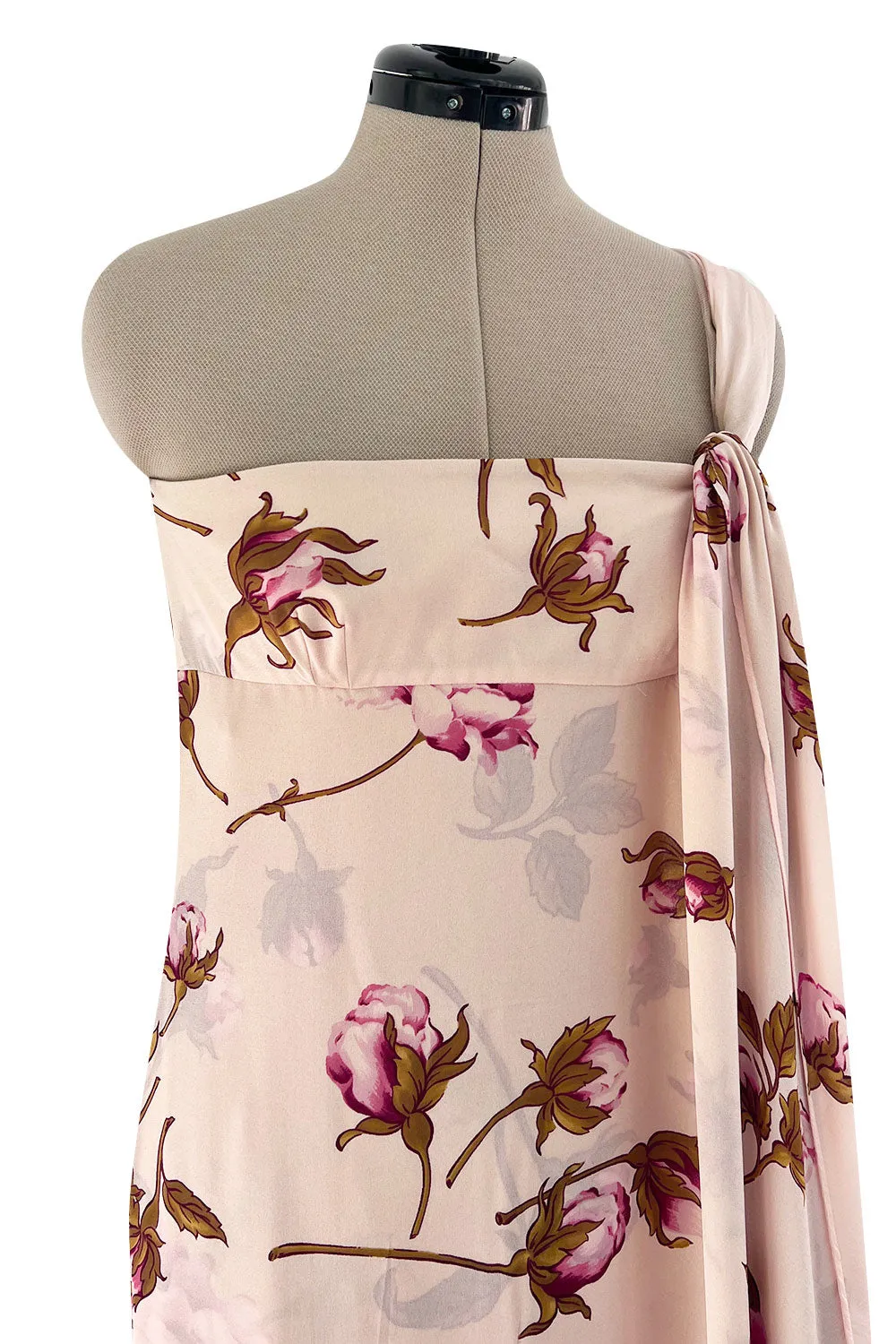 Prettiest Spring 2006 Valentino Runway Pink Floral Rose Print Pink Silk Chiffon w Draped Side Panel