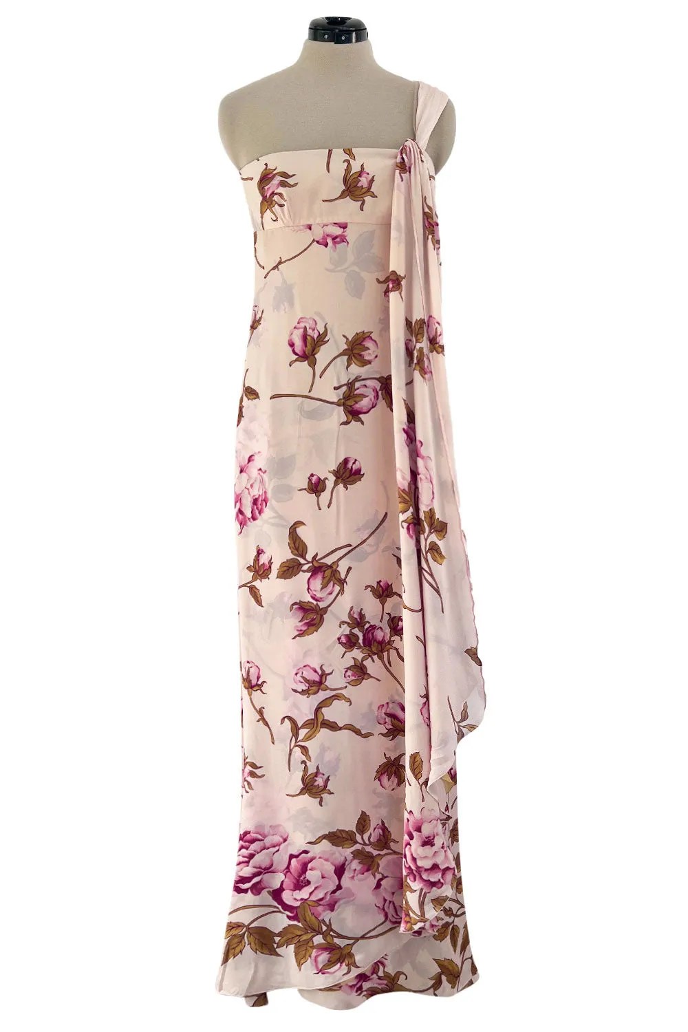Prettiest Spring 2006 Valentino Runway Pink Floral Rose Print Pink Silk Chiffon w Draped Side Panel