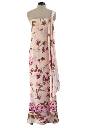 Prettiest Spring 2006 Valentino Runway Pink Floral Rose Print Pink Silk Chiffon w Draped Side Panel