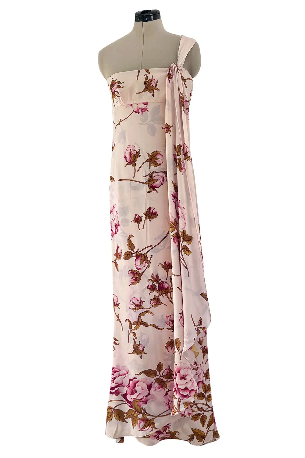 Prettiest Spring 2006 Valentino Runway Pink Floral Rose Print Pink Silk Chiffon w Draped Side Panel
