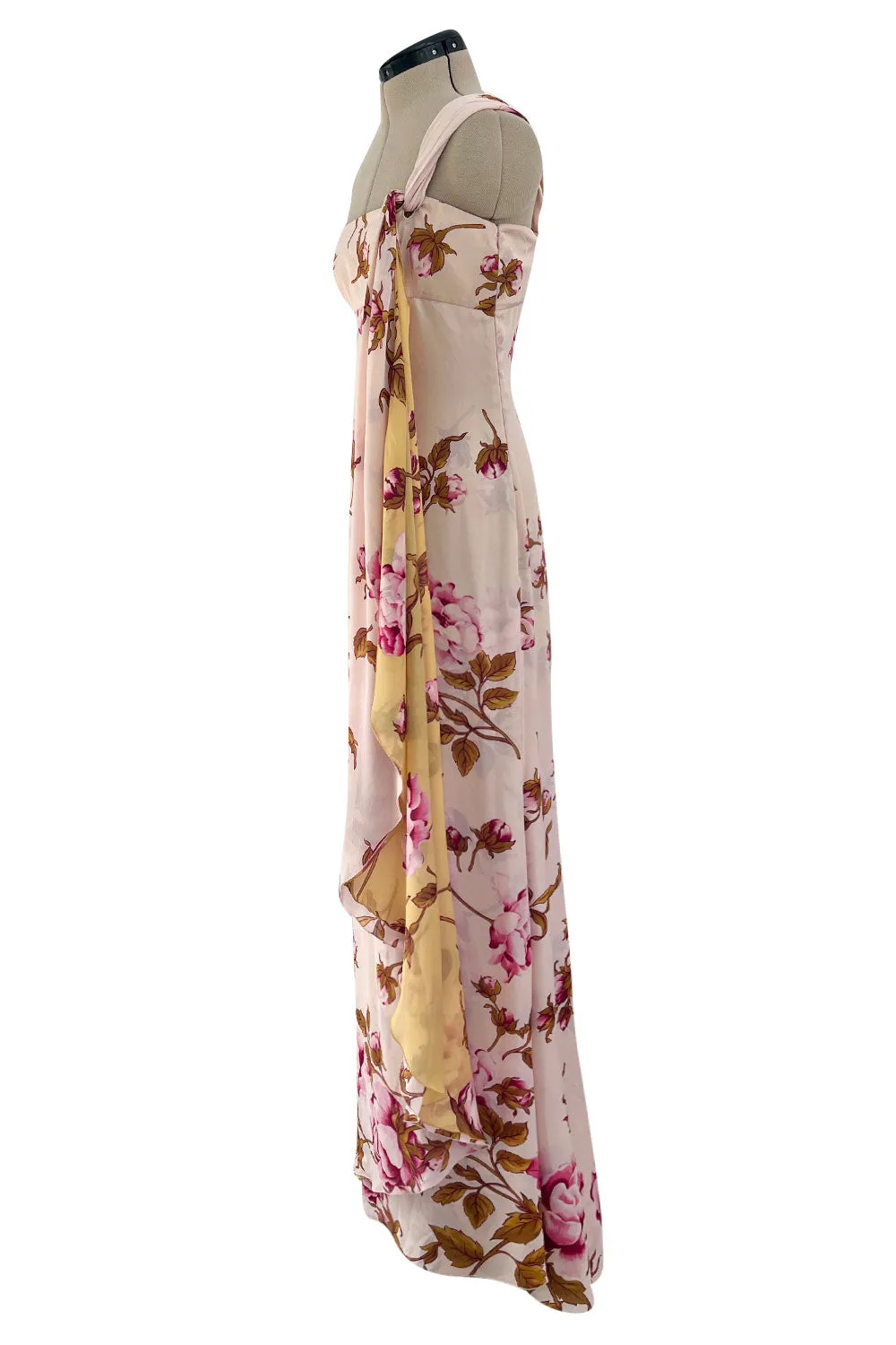 Prettiest Spring 2006 Valentino Runway Pink Floral Rose Print Pink Silk Chiffon w Draped Side Panel