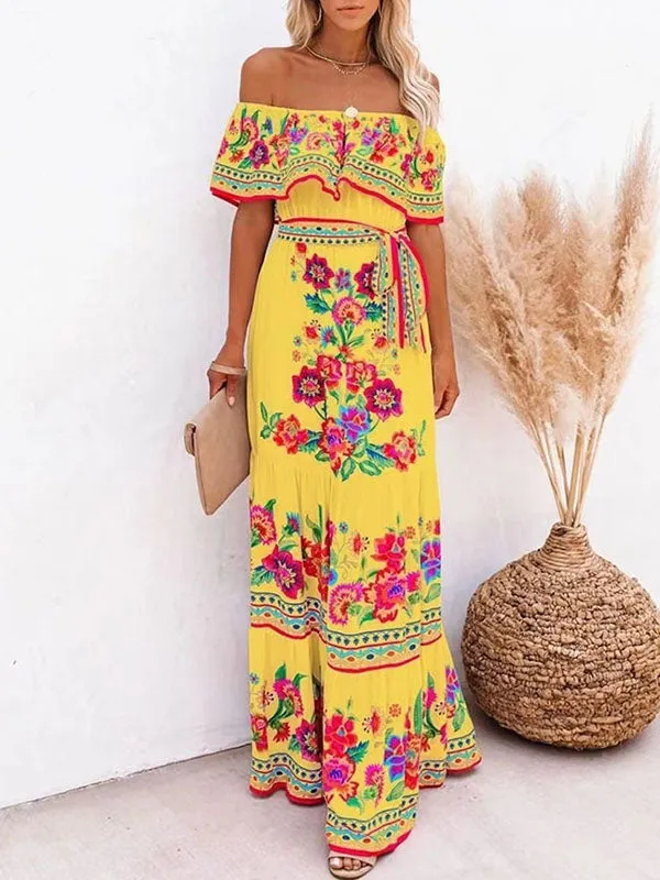 Prettybeautie Floral Off-Shoulder Tied Dress