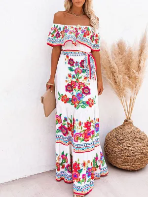 Prettybeautie Floral Off-Shoulder Tied Dress