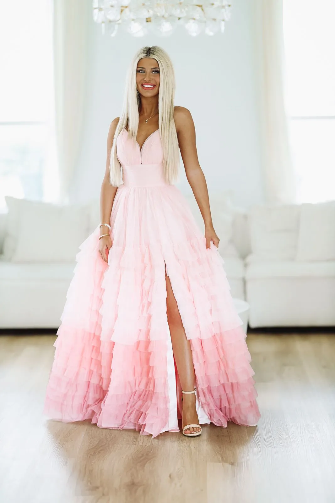Purely Romantic Ombre Ruffle Tiered Maxi Gown - Blush Pink