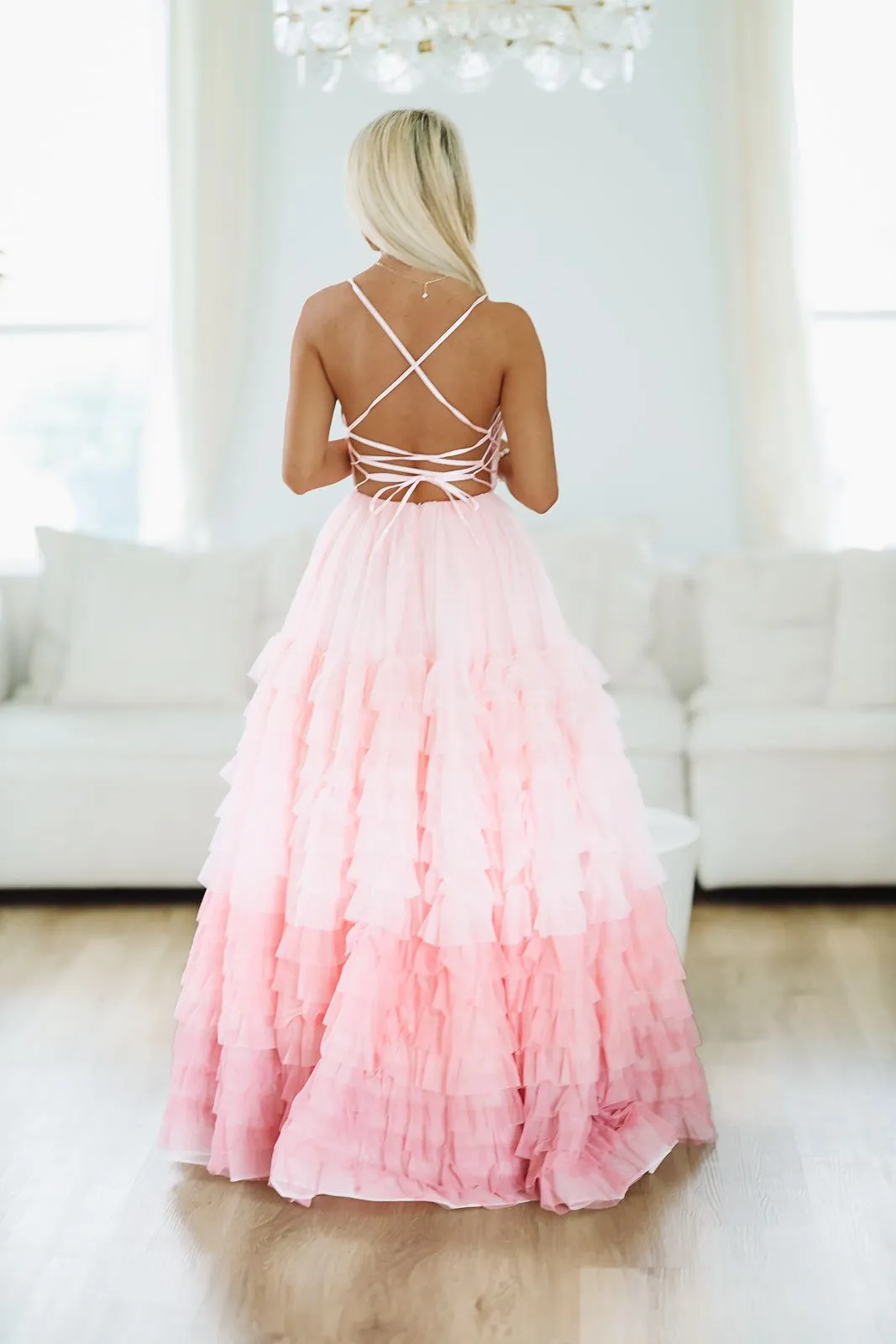 Purely Romantic Ombre Ruffle Tiered Maxi Gown - Blush Pink