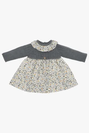 "Amber" Charcoal Half Knit Mustard Floral Dress