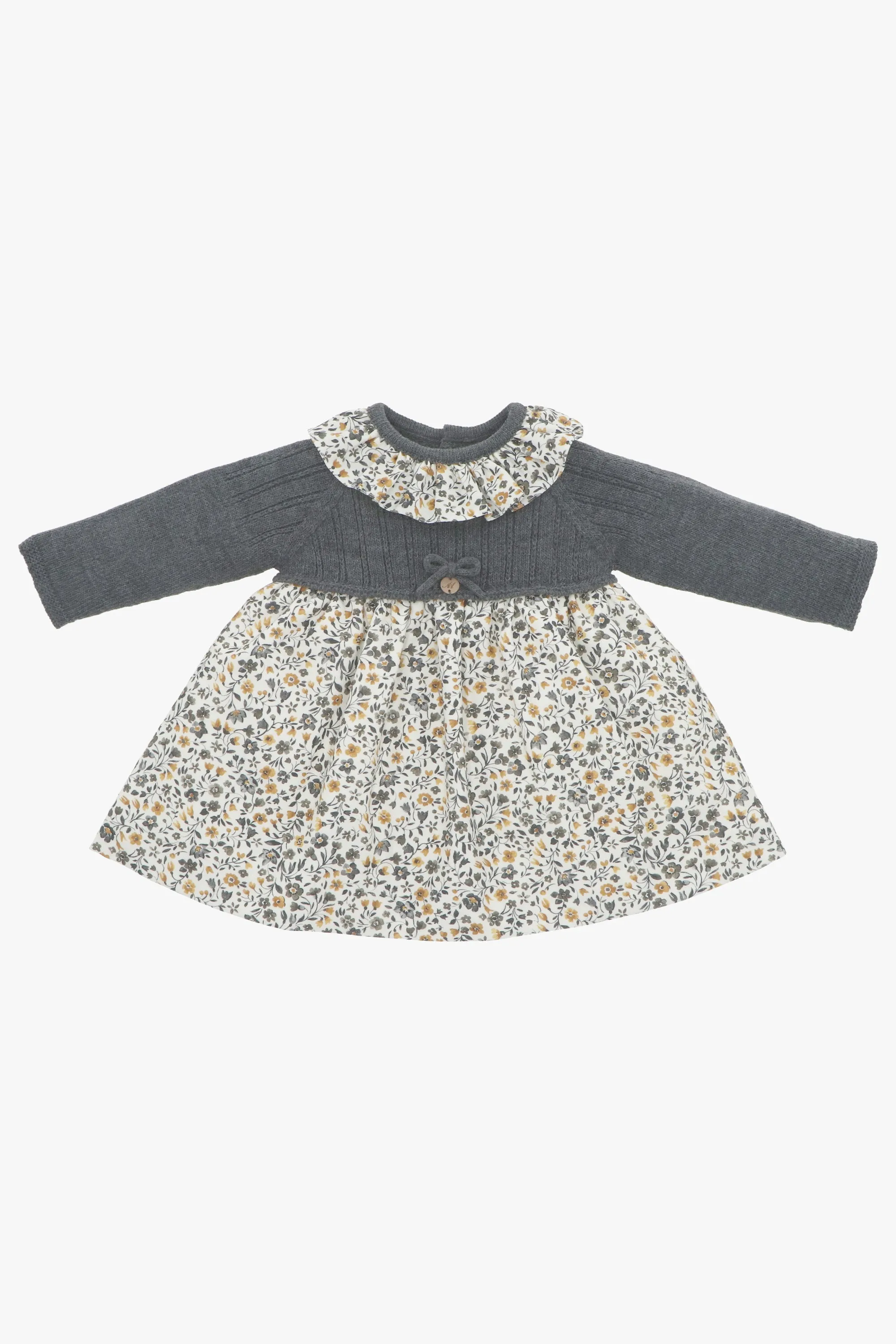 "Amber" Charcoal Half Knit Mustard Floral Dress