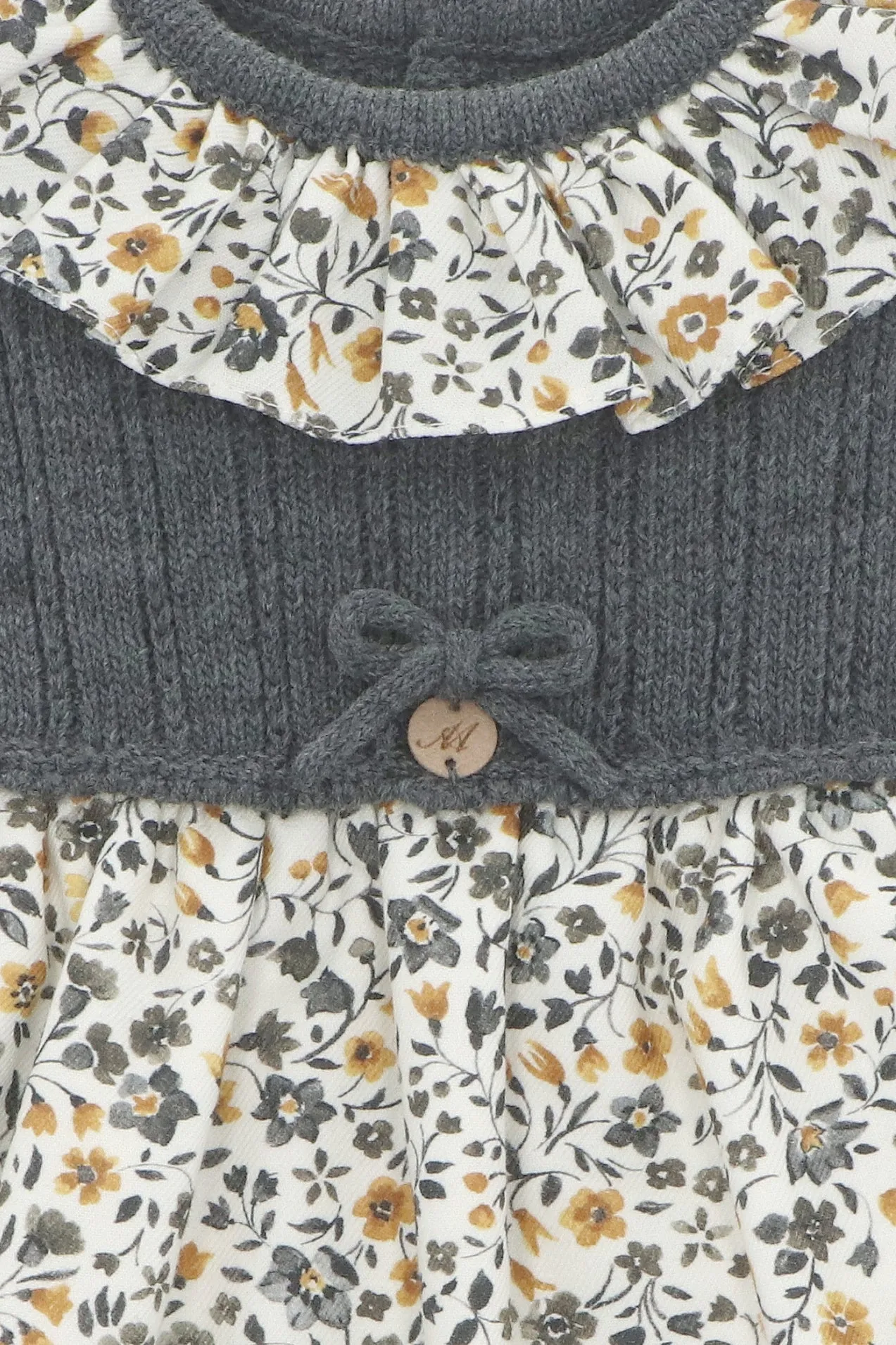 "Amber" Charcoal Half Knit Mustard Floral Dress