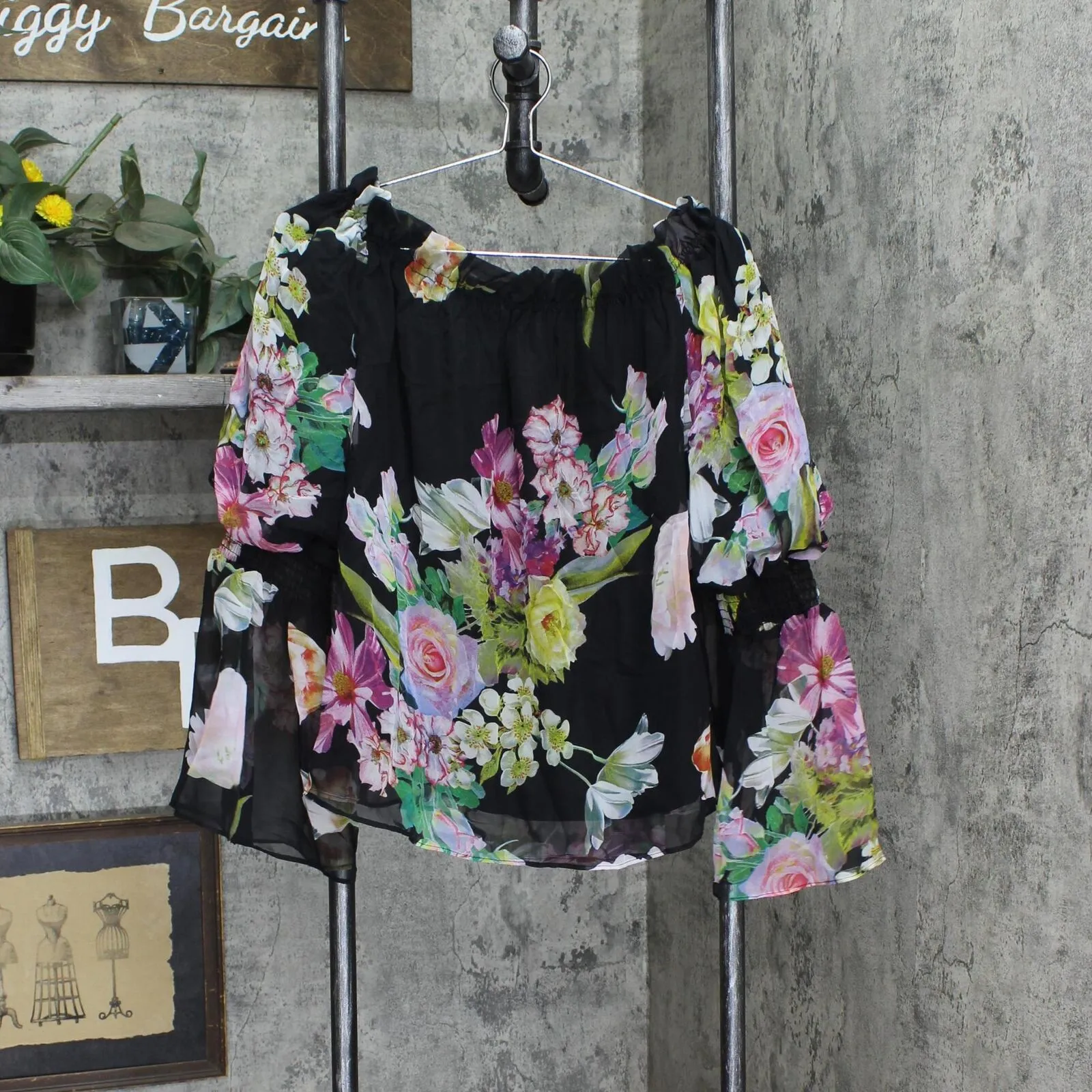 Rarities Womens Floral-Print Off-Shoulder Top 702015 Black XL