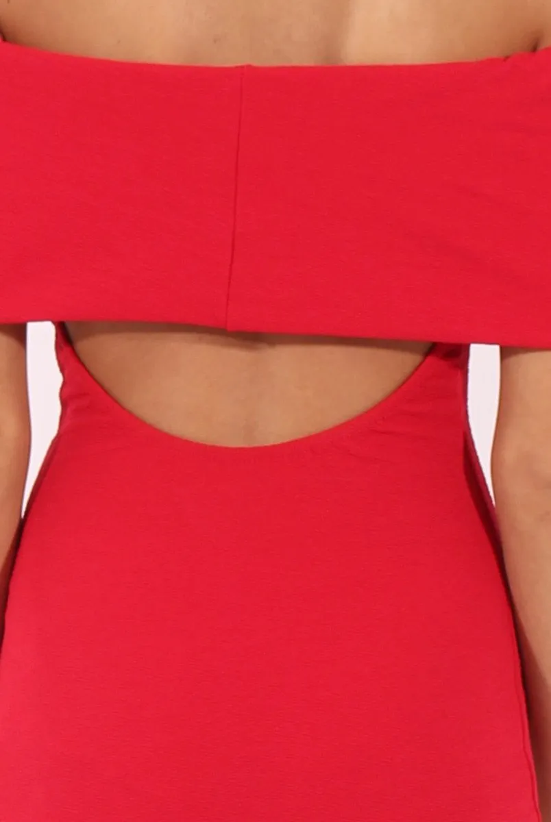 Red Bardot Frill Open Back Midi Dress - Trish
