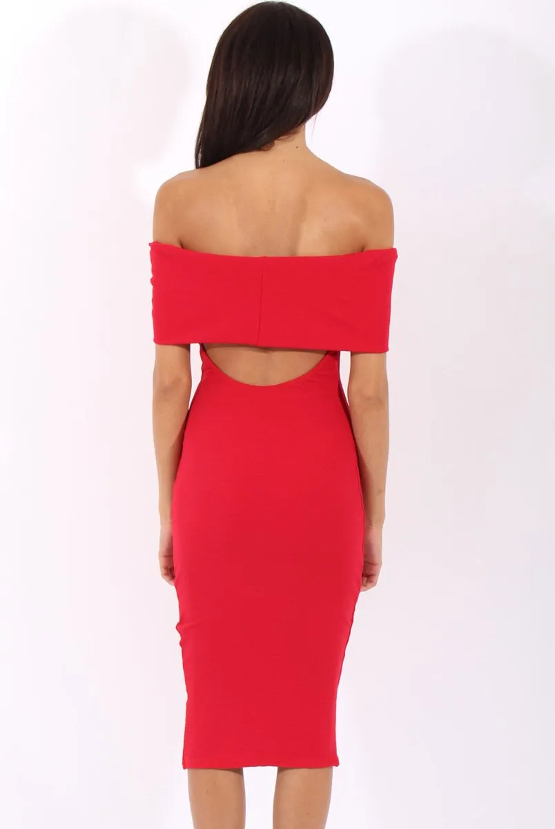 Red Bardot Frill Open Back Midi Dress - Trish