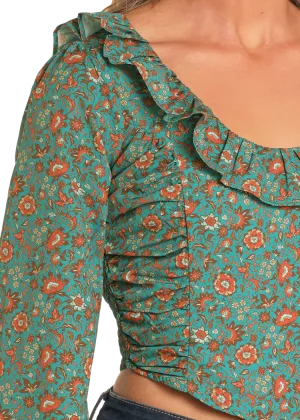 ROCK & ROCK DENIM LADIES PRINT CROP TOP SHIRT