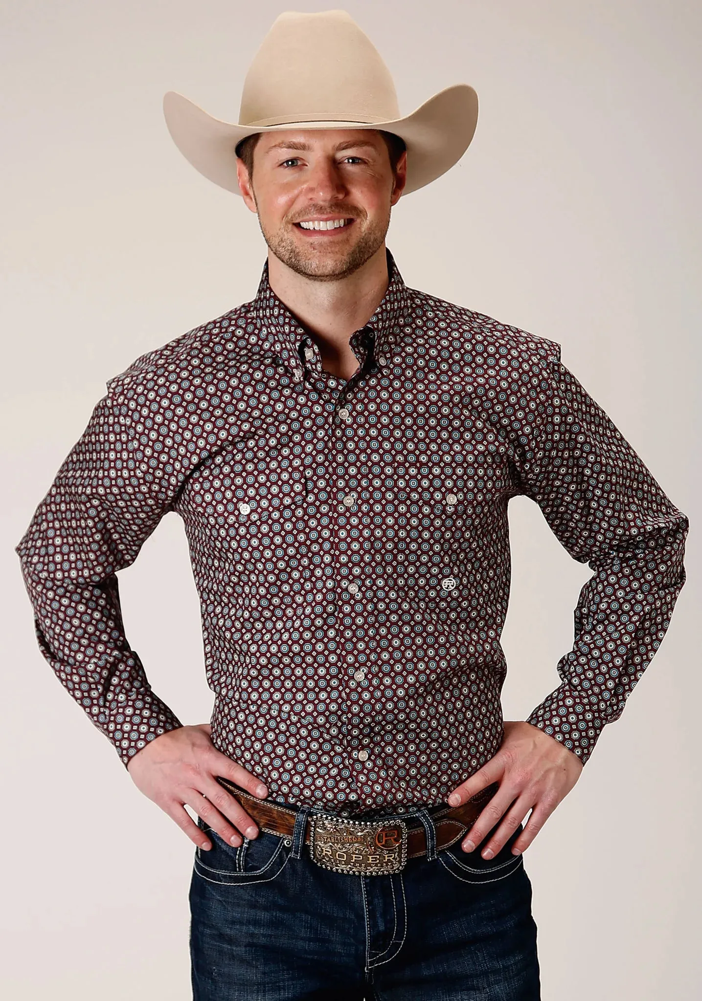 Roper Men's Long Sleeve Button Red Currant Foulard Western Shirt